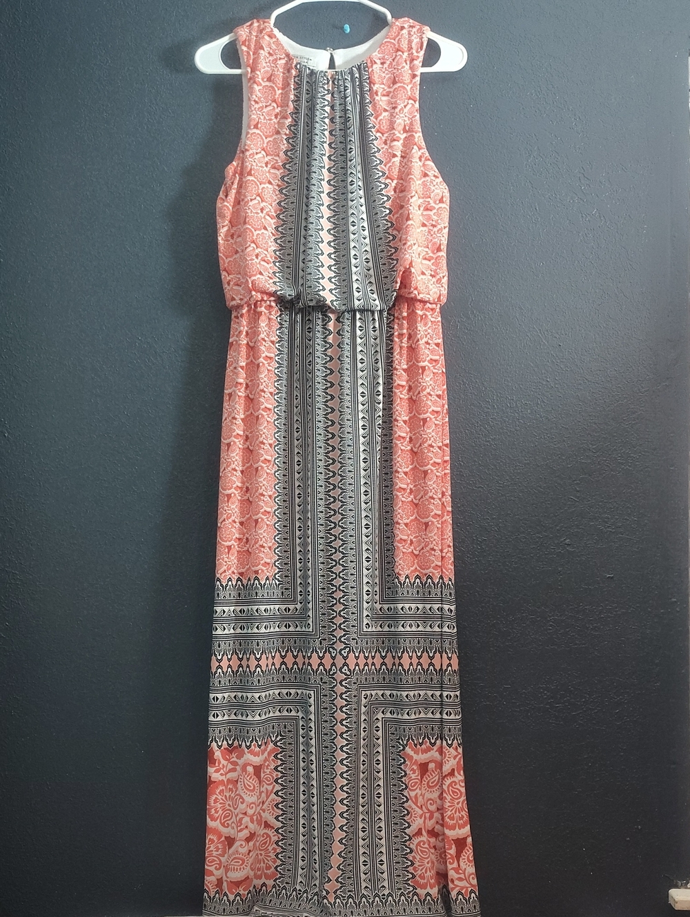 London Style Boho Chic Coral and Black Patterned Maxi Dress